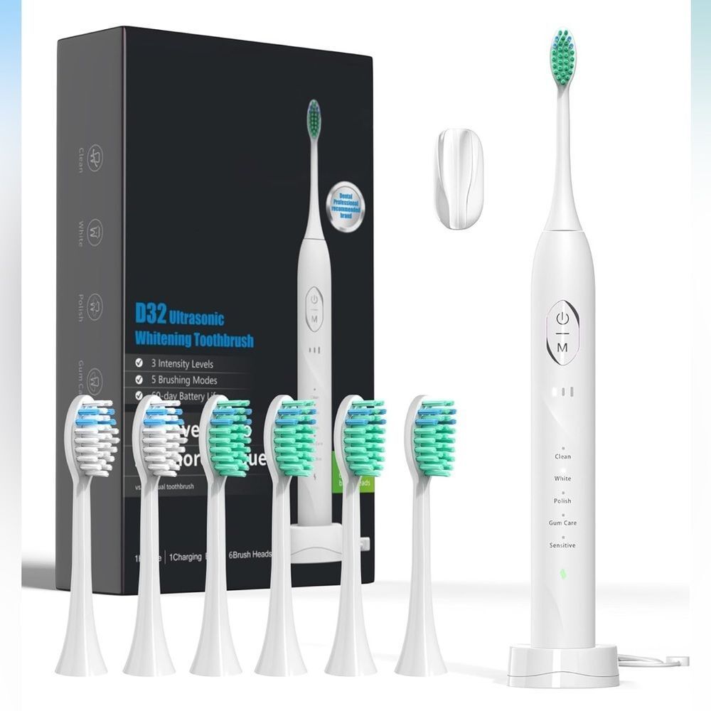Rechargeable Electric Toothbrush W 5 Modes &  Timer, 6 Replacement Brush Heads